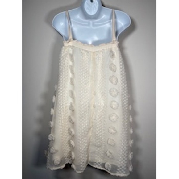 & Merci Dress Small Cream Pom Pom Swiss Dot Tie Shoulder Mini Bride Boho Cottage - Picture 4 of 7